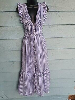 O.p.t. Stella Striped Ruffle Midi Dress in Navy and White